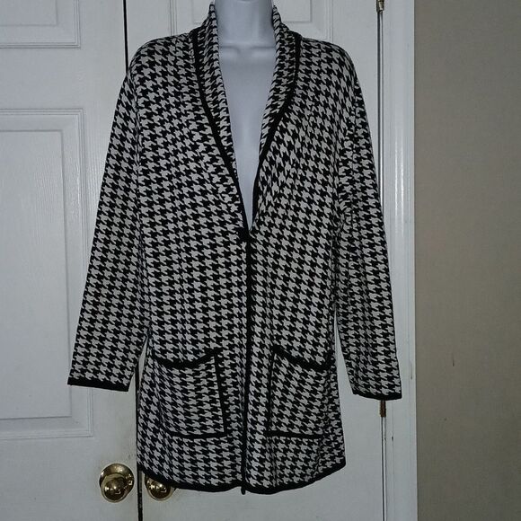 Lauren Michelle houndstooth single button closure cardigan with pockets Sz L - Picture 1 of 5